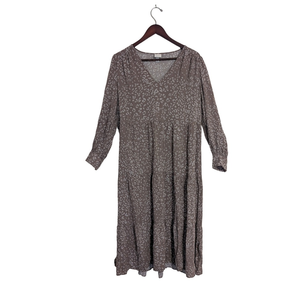 A New Day‎ Dress M Tiered Midi Brown Cottagecore Puffed Sleeve Tonal Leopard